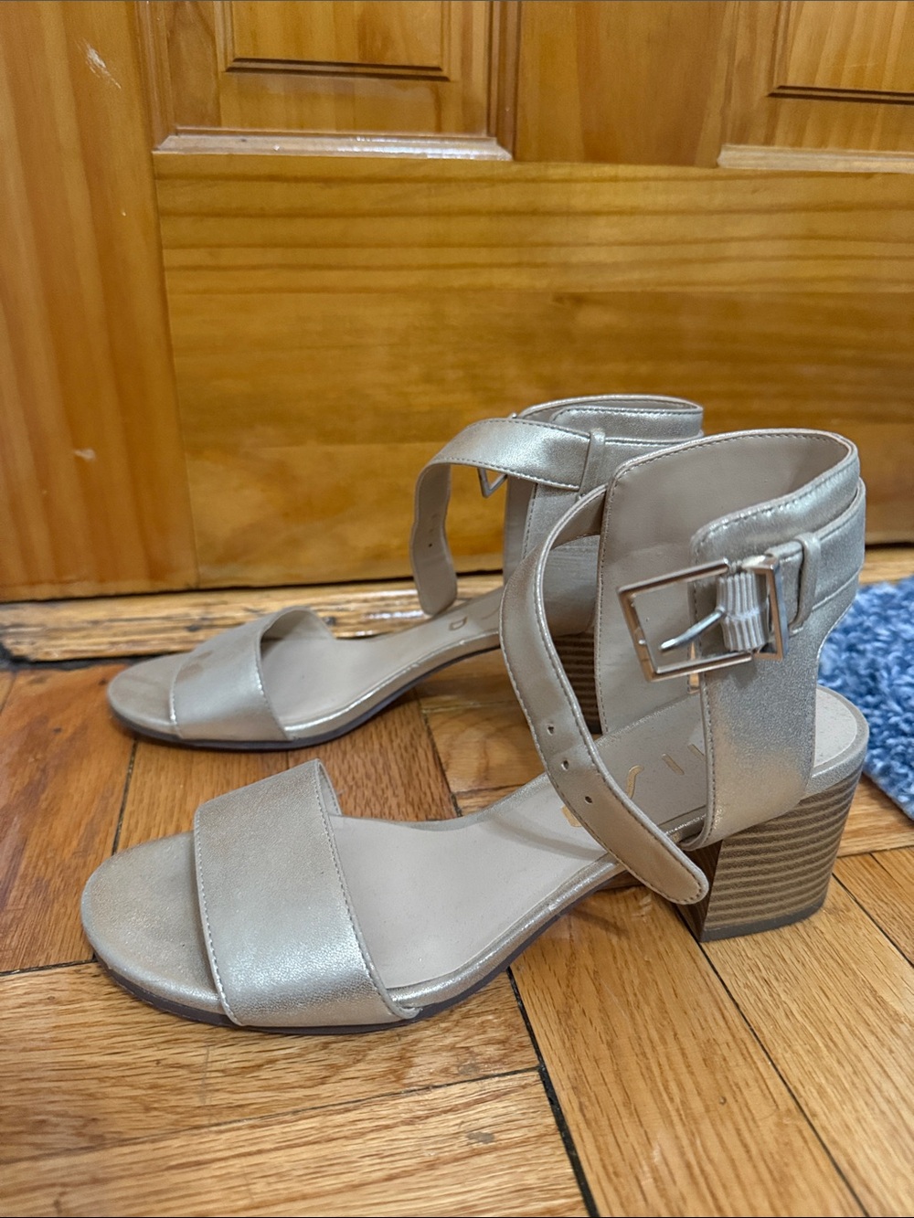 Unisa Silver Metallic Block Heel Ankle-Strap Sandals